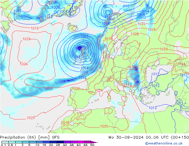 Z500/Rain (+SLP)/Z850 GFS lun 30.09.2024 06 UTC