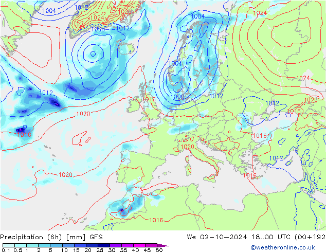 Z500/Rain (+SLP)/Z850 GFS We 02.10.2024 00 UTC