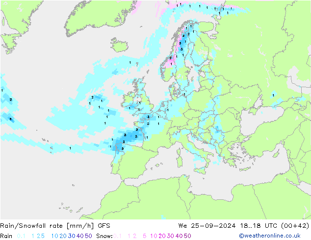 Rain/Snowfall rate GFS We 25.09.2024 18 UTC