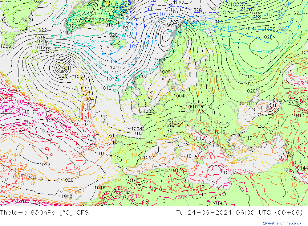 Theta-e 850hPa GFS Tu 24.09.2024 06 UTC