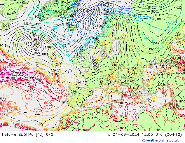 Theta-e 850гПа GFS вт 24.09.2024 12 UTC