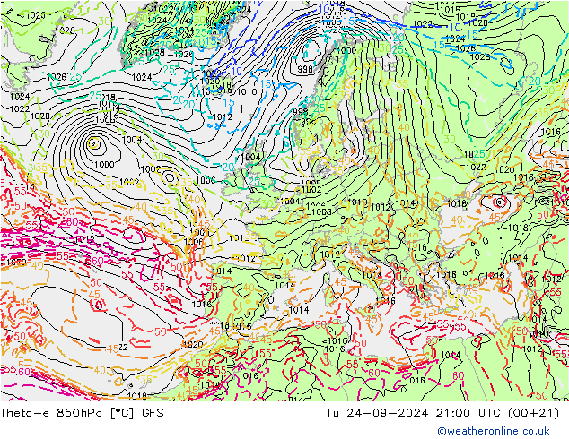 Theta-e 850hPa GFS Tu 24.09.2024 21 UTC