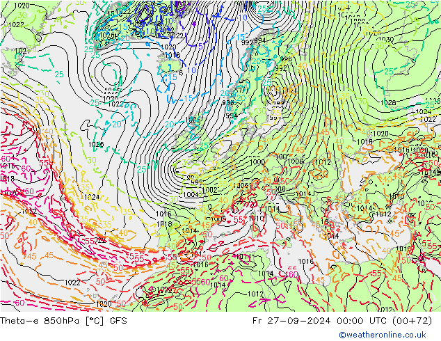 Theta-e 850hPa GFS ven 27.09.2024 00 UTC