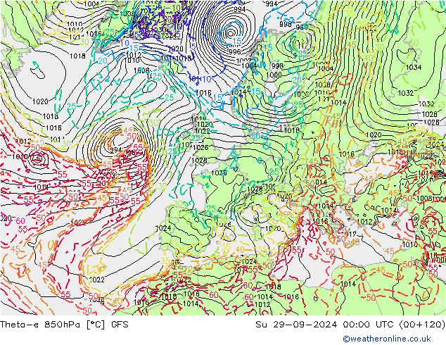 Theta-e 850hPa GFS Su 29.09.2024 00 UTC