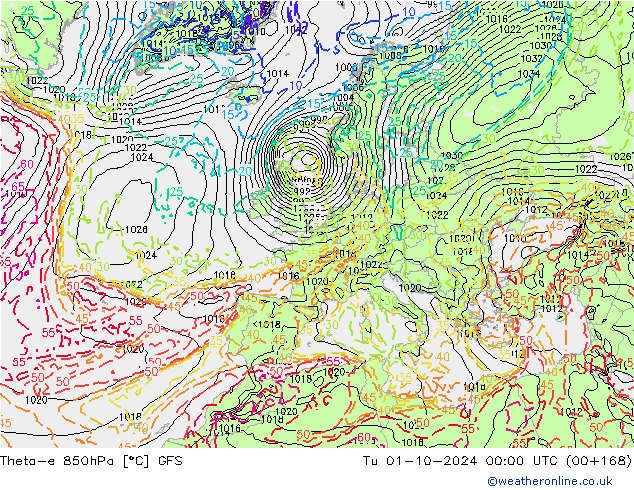 Theta-e 850hPa GFS Tu 01.10.2024 00 UTC