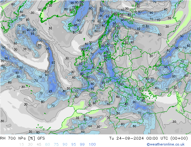 RH 700 hPa GFS wto. 24.09.2024 00 UTC