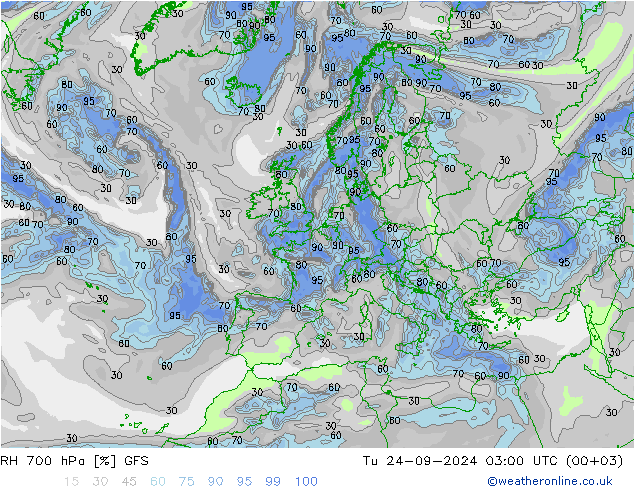 RH 700 hPa GFS Út 24.09.2024 03 UTC