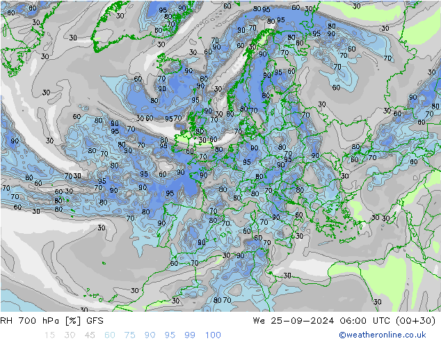 RH 700 hPa GFS 星期三 25.09.2024 06 UTC