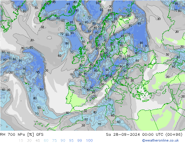 Humidité rel. 700 hPa GFS sam 28.09.2024 00 UTC