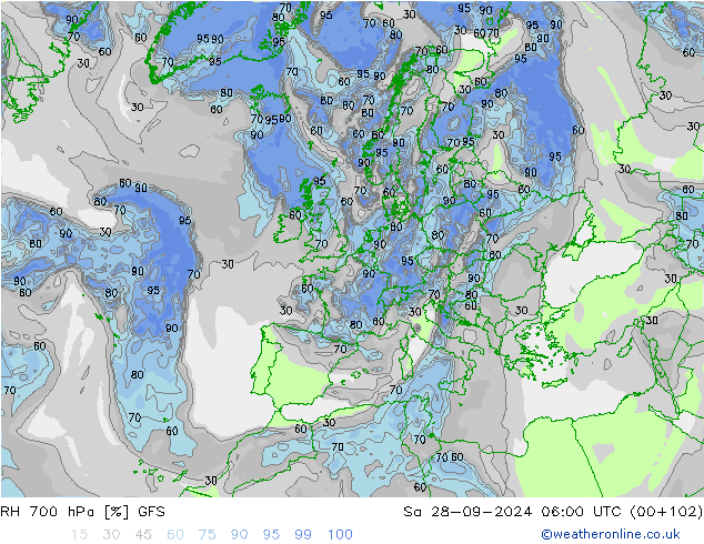 RH 700 hPa GFS so. 28.09.2024 06 UTC