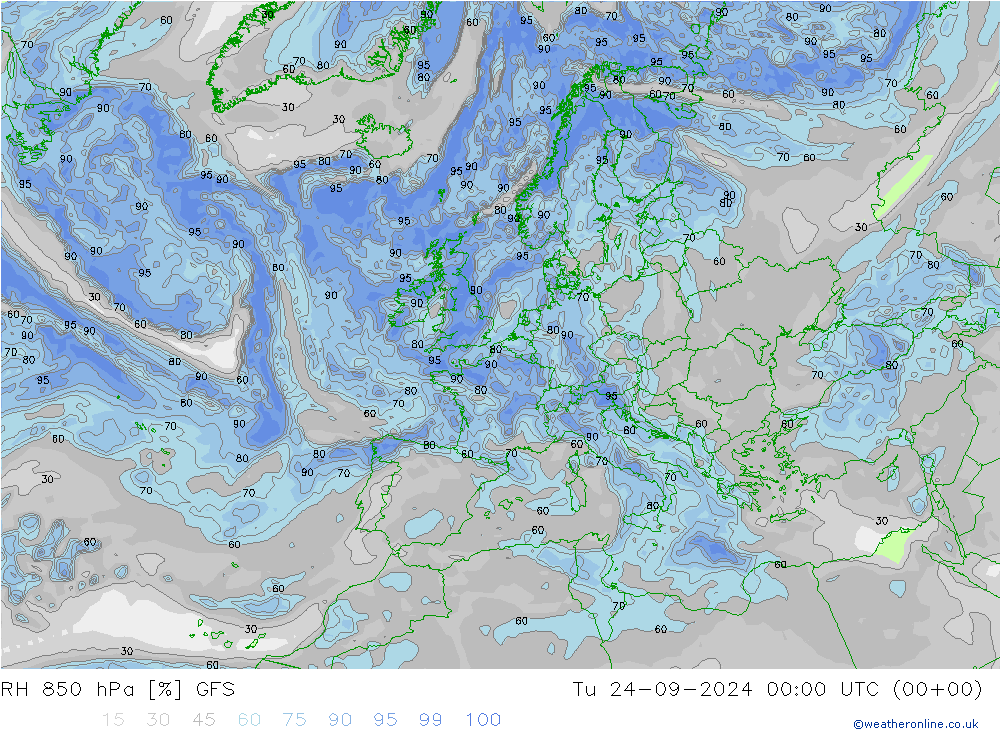 RH 850 hPa GFS 星期二 24.09.2024 00 UTC