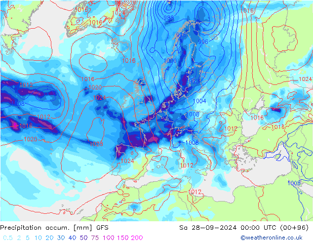 Precipitation accum. GFS сб 28.09.2024 00 UTC