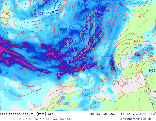 Totale neerslag GFS ma 30.09.2024 18 UTC