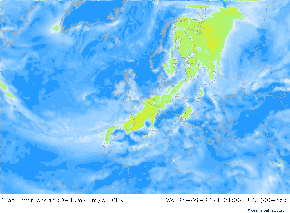 Deep layer shear (0-1km) GFS mer 25.09.2024 21 UTC