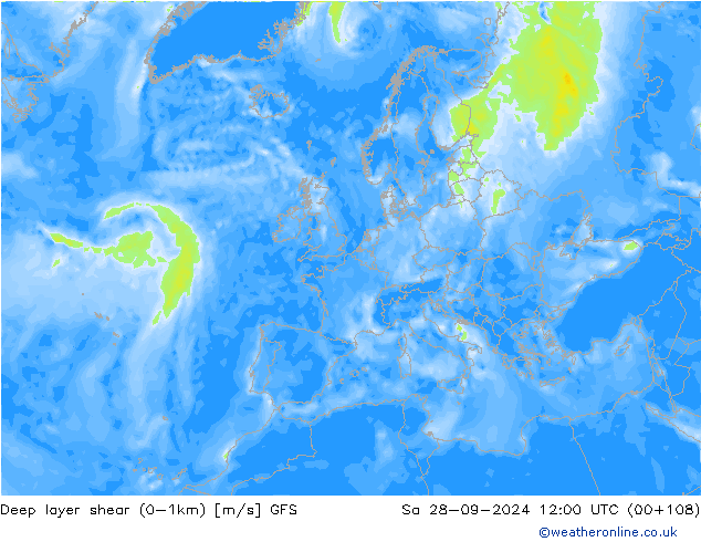 Deep layer shear (0-1km) GFS Sa 28.09.2024 12 UTC