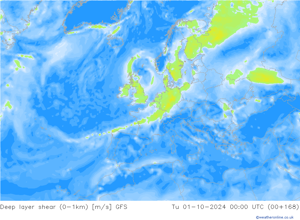 Deep layer shear (0-1km) GFS Út 01.10.2024 00 UTC