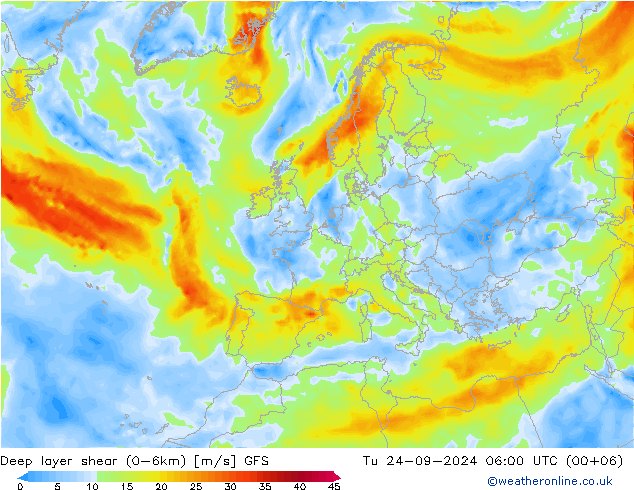 Deep layer shear (0-6km) GFS Di 24.09.2024 06 UTC