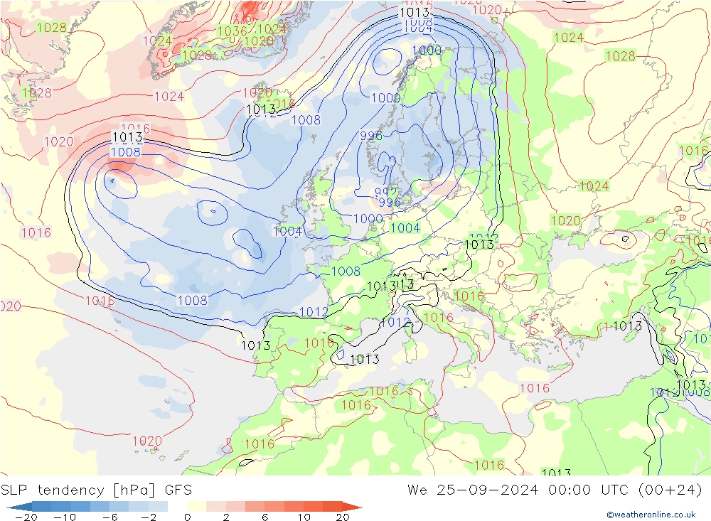 SLP tendency GFS We 25.09.2024 00 UTC