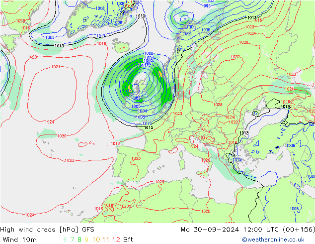 High wind areas GFS Mo 30.09.2024 12 UTC