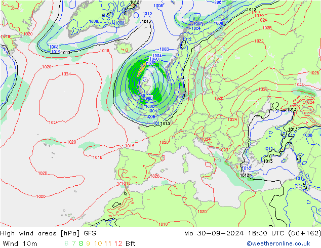 High wind areas GFS Mo 30.09.2024 18 UTC