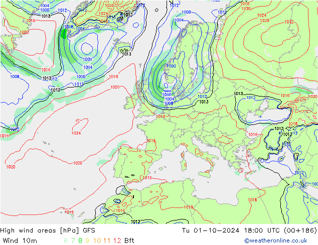 High wind areas GFS вт 01.10.2024 18 UTC