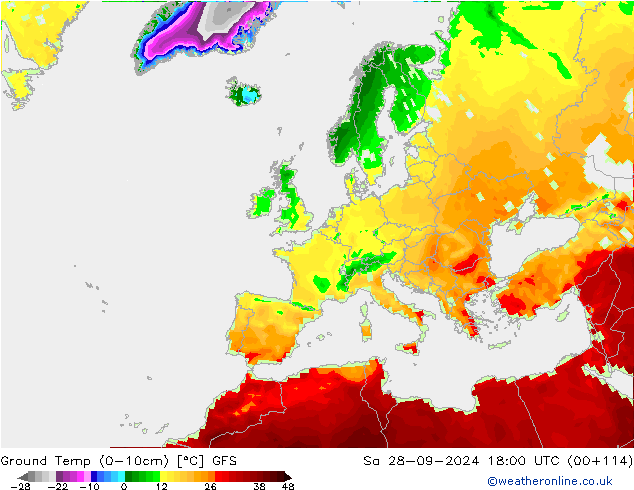 Ground Temp (0-10cm) GFS Sa 28.09.2024 18 UTC