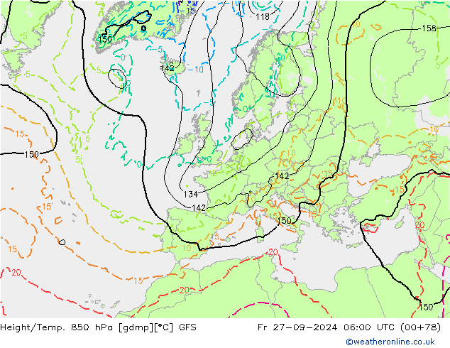 Hoogte/Temp. 850 hPa GFS vr 27.09.2024 06 UTC