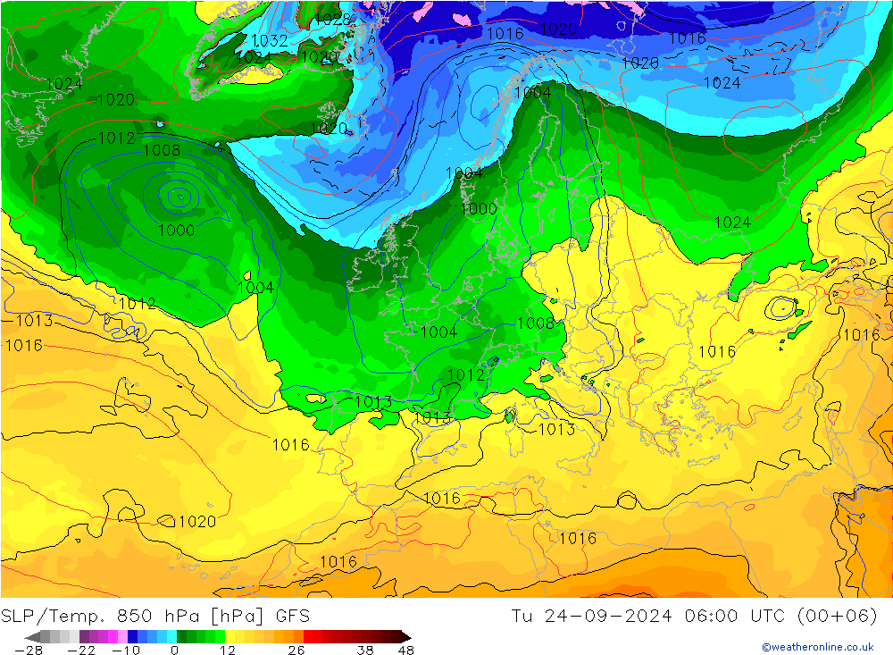 SLP/Temp. 850 hPa GFS Tu 24.09.2024 06 UTC