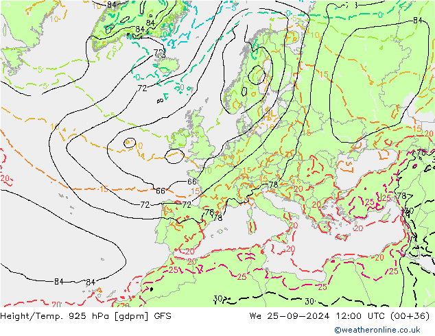 Geop./Temp. 925 hPa GFS mié 25.09.2024 12 UTC