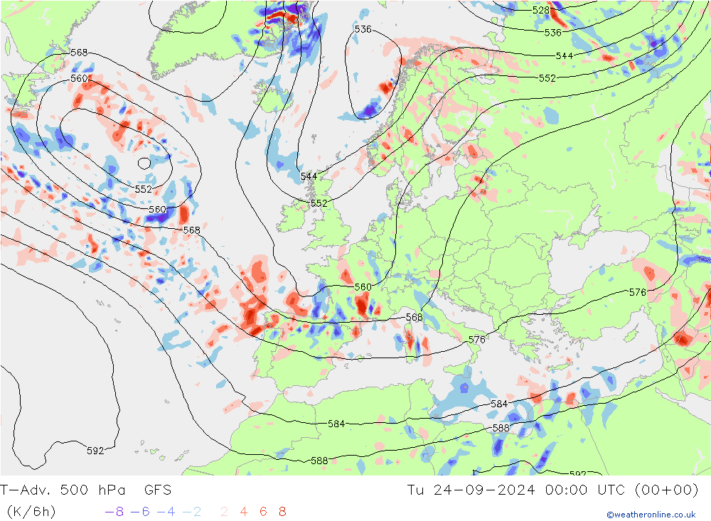 T-Adv. 500 hPa GFS wto. 24.09.2024 00 UTC