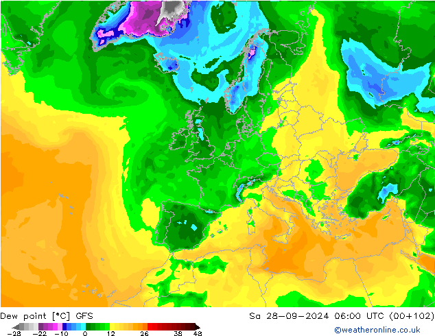 точка росы GFS сб 28.09.2024 06 UTC