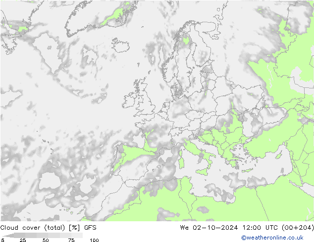 Cloud cover (total) GFS We 02.10.2024 12 UTC