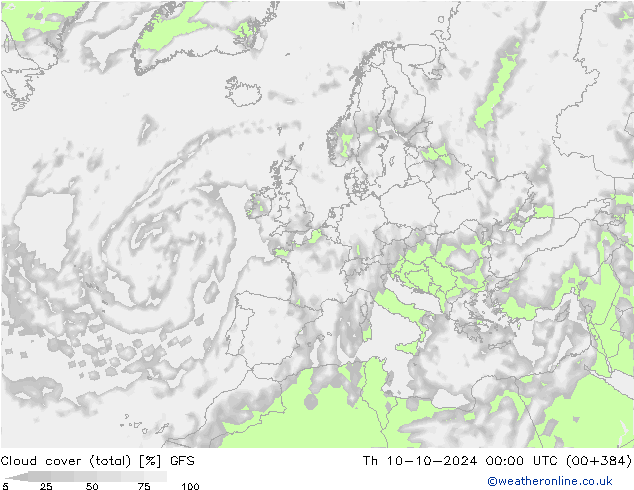 Cloud cover (total) GFS Čt 10.10.2024 00 UTC