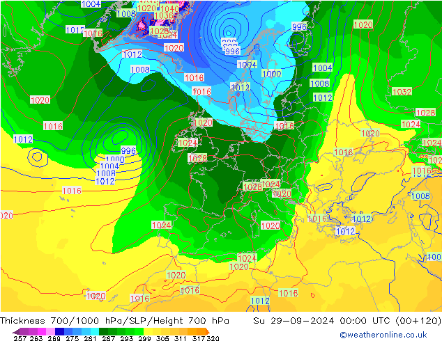 Thck 700-1000 hPa GFS Su 29.09.2024 00 UTC