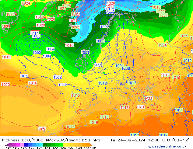 Thck 850-1000 hPa GFS wto. 24.09.2024 12 UTC