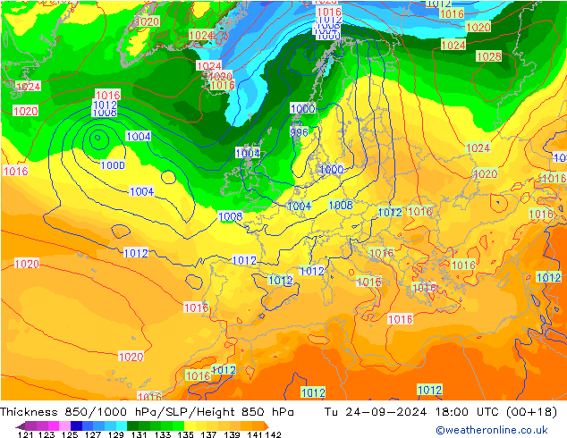 Dikte 850-1000 hPa GFS di 24.09.2024 18 UTC