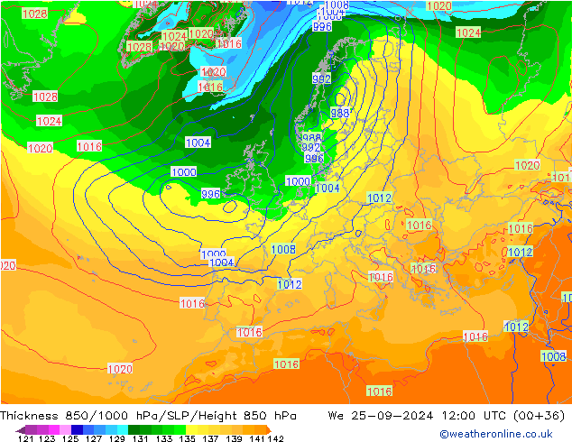 Thck 850-1000 hPa GFS We 25.09.2024 12 UTC