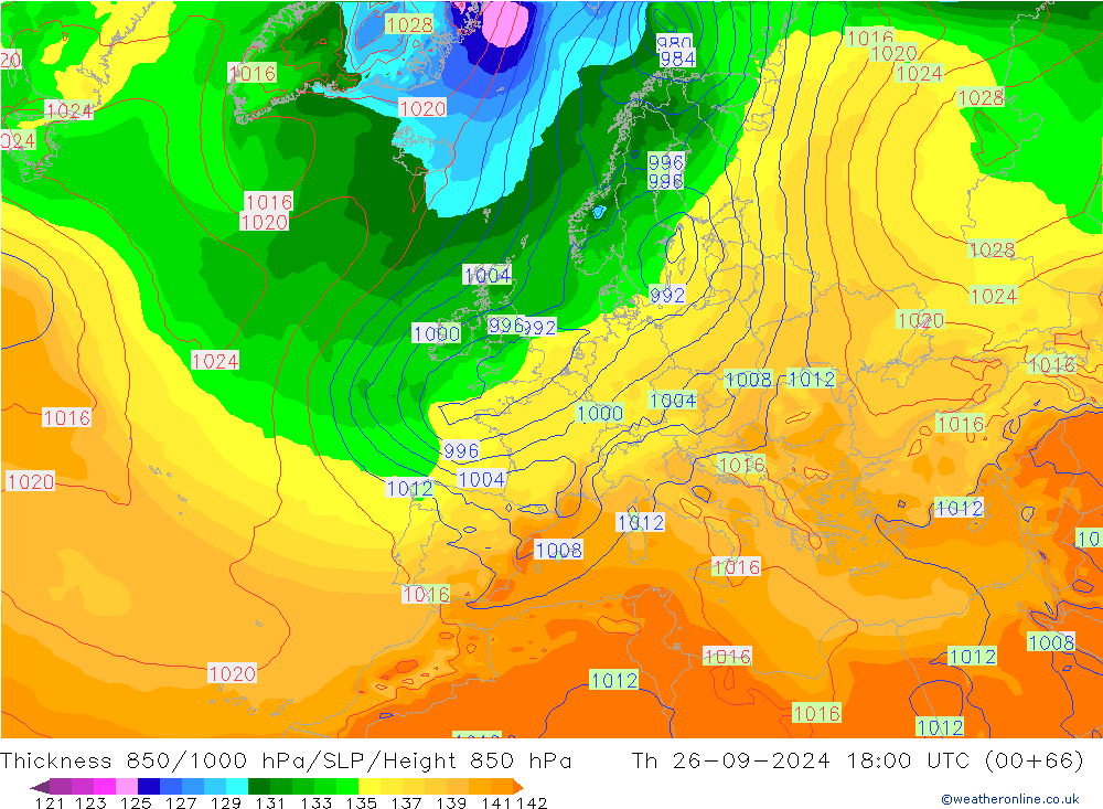 Thck 850-1000 hPa GFS czw. 26.09.2024 18 UTC