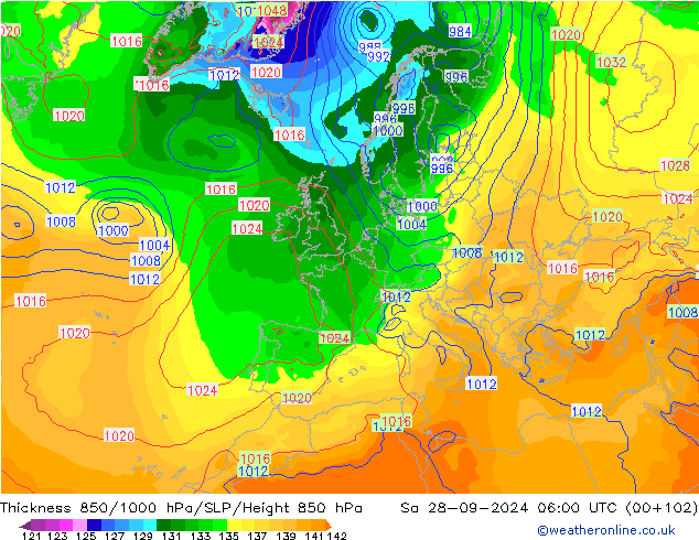 Thck 850-1000 hPa GFS sab 28.09.2024 06 UTC