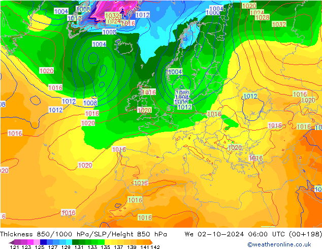 Thck 850-1000 hPa GFS mer 02.10.2024 06 UTC