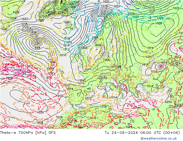 Theta-e 700hPa GFS Út 24.09.2024 06 UTC