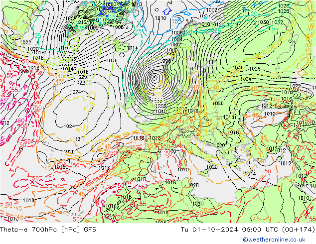 Theta-e 700hPa GFS Tu 01.10.2024 06 UTC