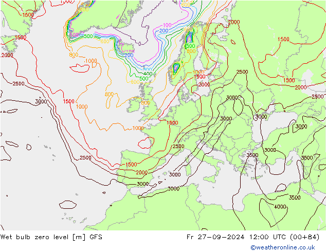 Wet bulb zero level GFS Fr 27.09.2024 12 UTC