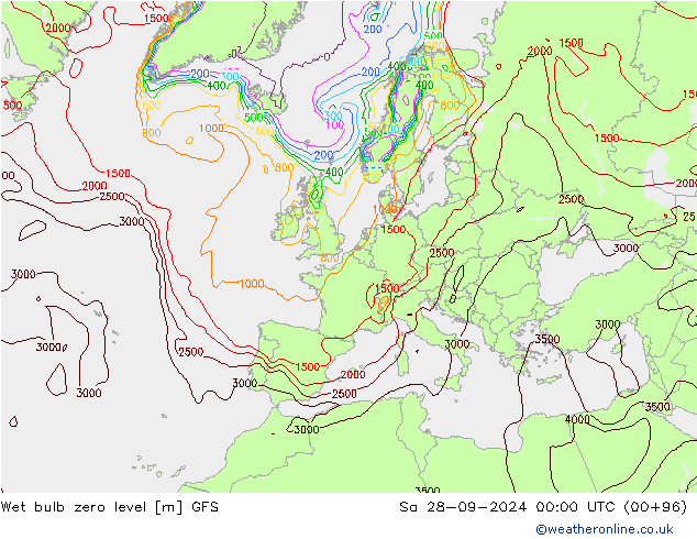 Wet bulb zero level GFS Sa 28.09.2024 00 UTC