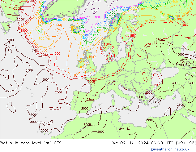 Wet bulb zero level GFS We 02.10.2024 00 UTC