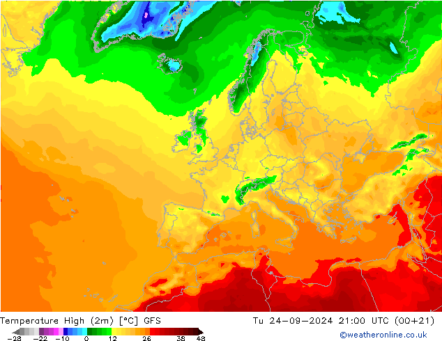 Max.temperatuur (2m) GFS di 24.09.2024 21 UTC