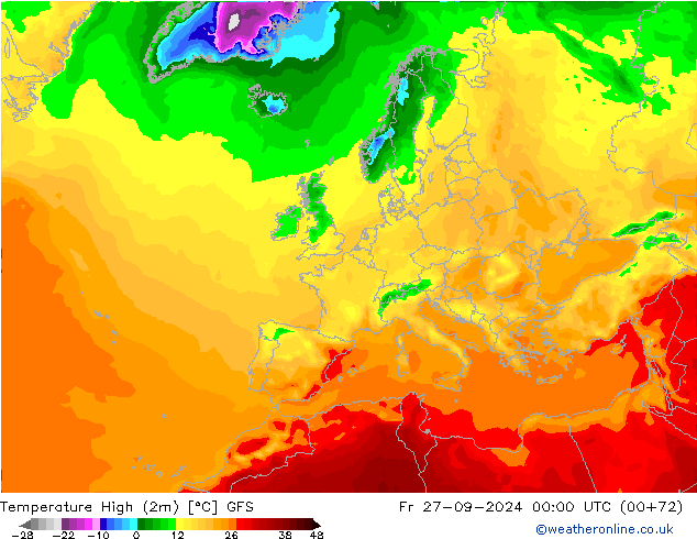 Nejvyšší teplota (2m) GFS Pá 27.09.2024 00 UTC