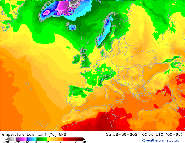 Temperature Low (2m) GFS Sa 28.09.2024 00 UTC