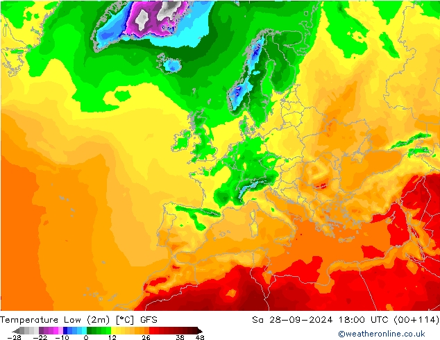 Temperature Low (2m) GFS Sa 28.09.2024 18 UTC