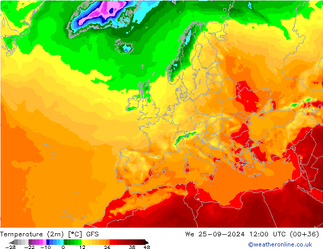 Temperaturkarte (2m) GFS Mi 25.09.2024 12 UTC